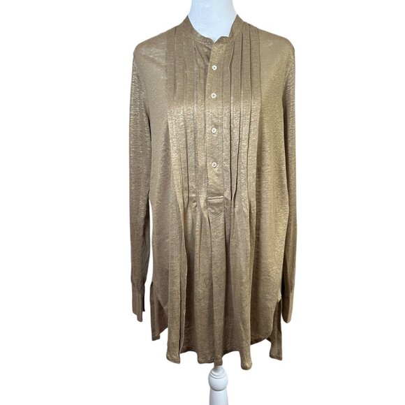 Ralph Lauren Tops - Ralph Lauren 100% Linen Gold Metallic Tunic Top Lightweight Boho Henley Sz Small